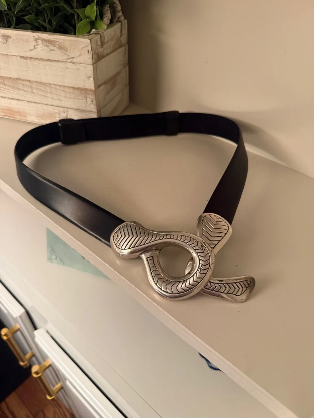Chico’s Black Leather Lined Belt Oversized Silver Statement Buckle Adjustable